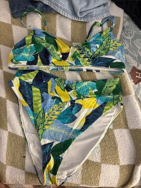 aerie Tropical Leaf Print Bikini Set in Green, Blue, Yellow